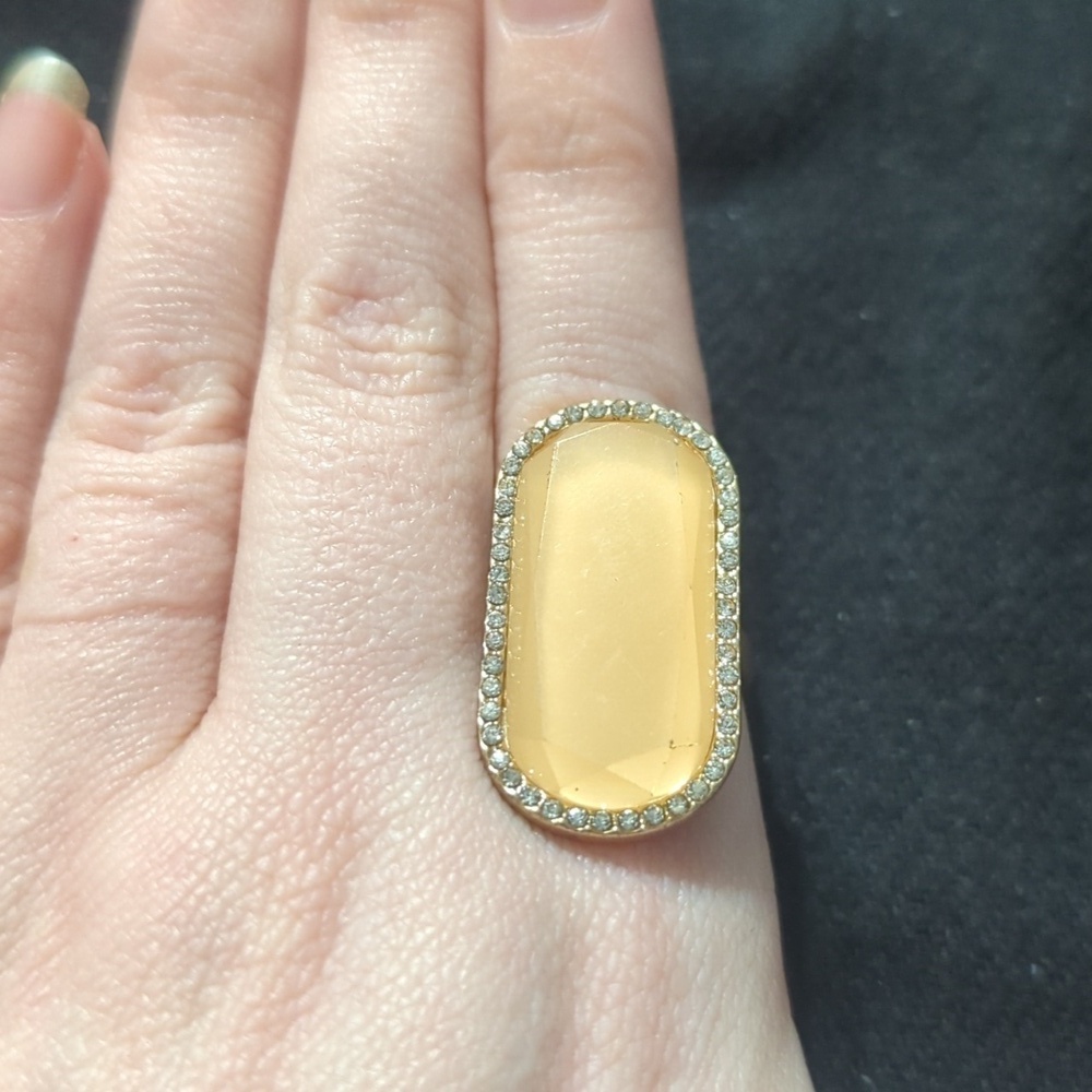 Gold Tone Peach Yellow and Clear Rhinestone  Statement Ring - size 8